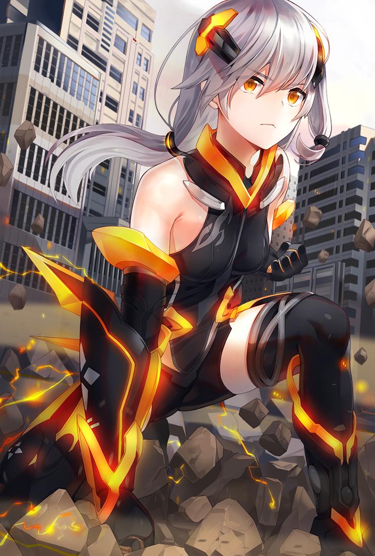 1girl bodysuit fu_hua_(honkai_impact) gloves honkai_(series) honkai_impact_3 kfr outdoors ponytail solo thighhighs white_hair yellow_eyes