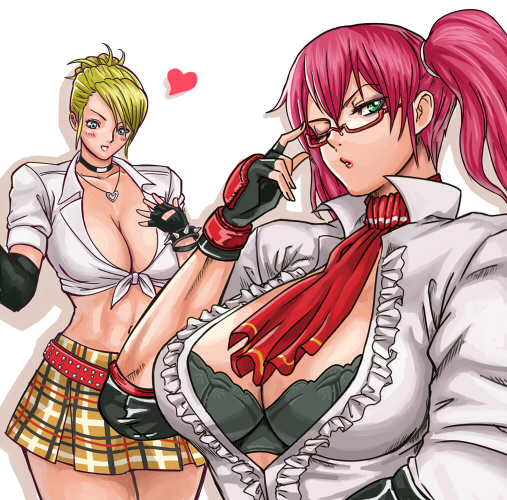 2girls adjusting_glasses bad_id blonde_hair bra breasts candy_cane_(rumble_roses) cleavage cosplay costume_switch glasses gloves heart huge_breasts ibanen large_breasts lingerie midriff miss_spencer multiple_girls pink_hair rumble_roses side_ponytail sleeves_rolled_up underwear