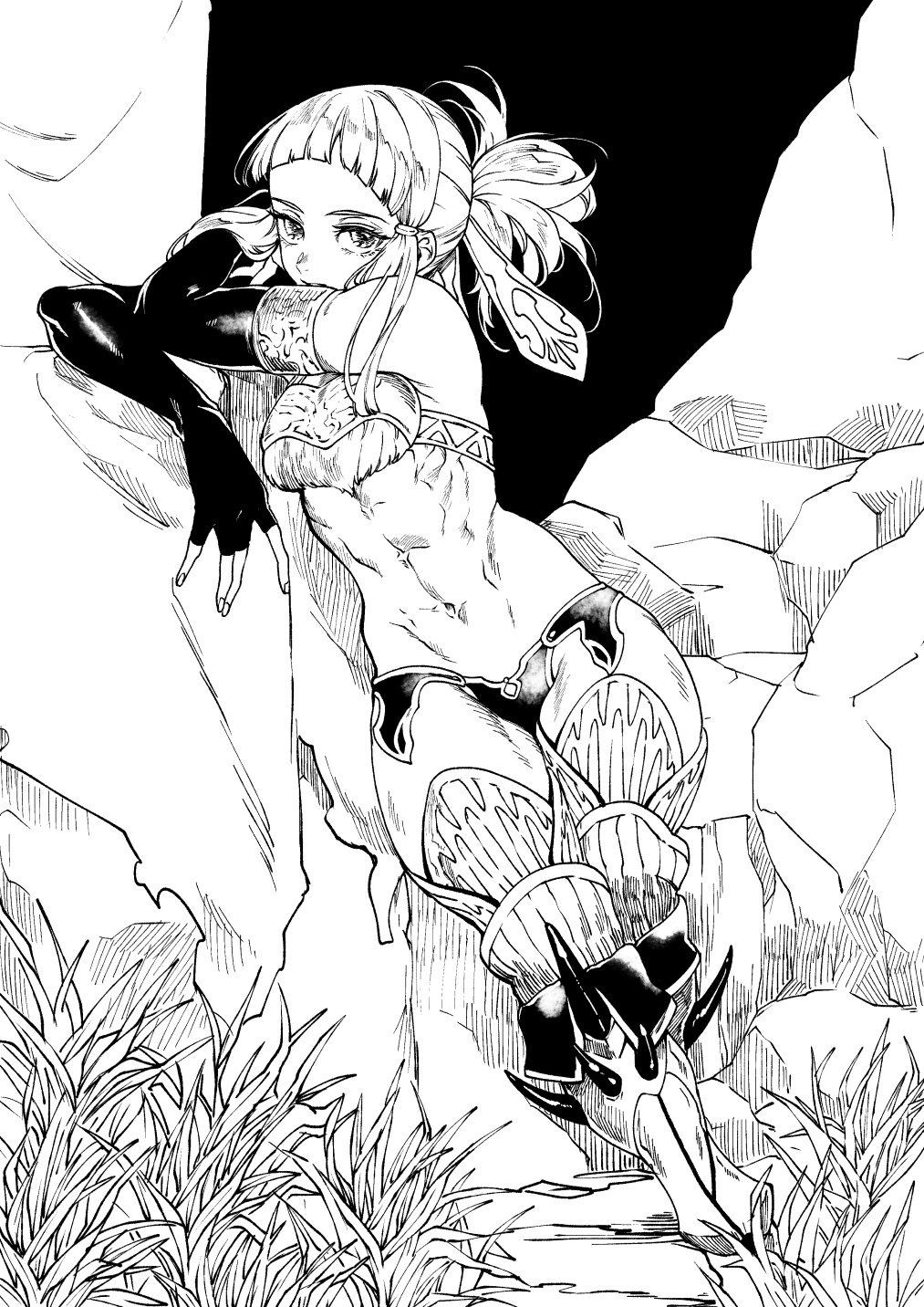 1girl abs armored_boots bangs black_gloves blunt_bangs boots elbow_gloves fate/grand_order fate_(series) fingerless_gloves gloves grass greyscale high_contrast highres kbtmsboy looking_at_viewer midriff monochrome navel penthesilea_(fate/grand_order) ponytail sidelocks sitting solo toned