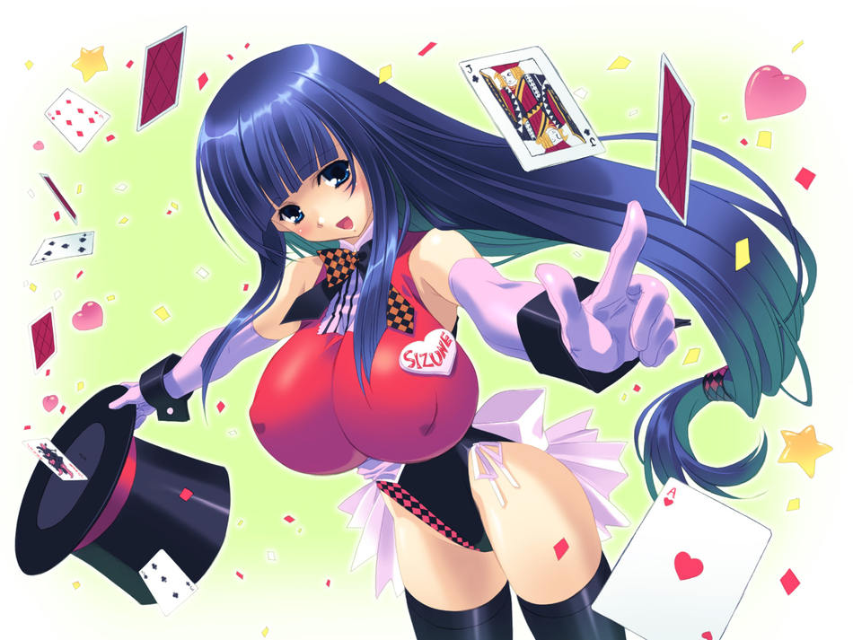 1girl :d bangs bare_shoulders bb black_legwear blue_eyes blue_hair blunt_bangs blush bow bowtie breasts card cards checkered cleavage clothes_writing clothing_writing confetti dutch_angle elbow_gloves erect_nipples female foreshortening fuutou_shizune gloves hair_tubes hat heart huge_breasts impossible_clothes impossible_clothing impossible_leotard ino leotard long_hair magician open_mouth oshioki_sweetie outstretched_arms payot pointing ponytail ribbon shiny shiny_hair sidelocks skin_tight smile solo standing star thighhighs top_hat very_long_hair wrist_cuffs