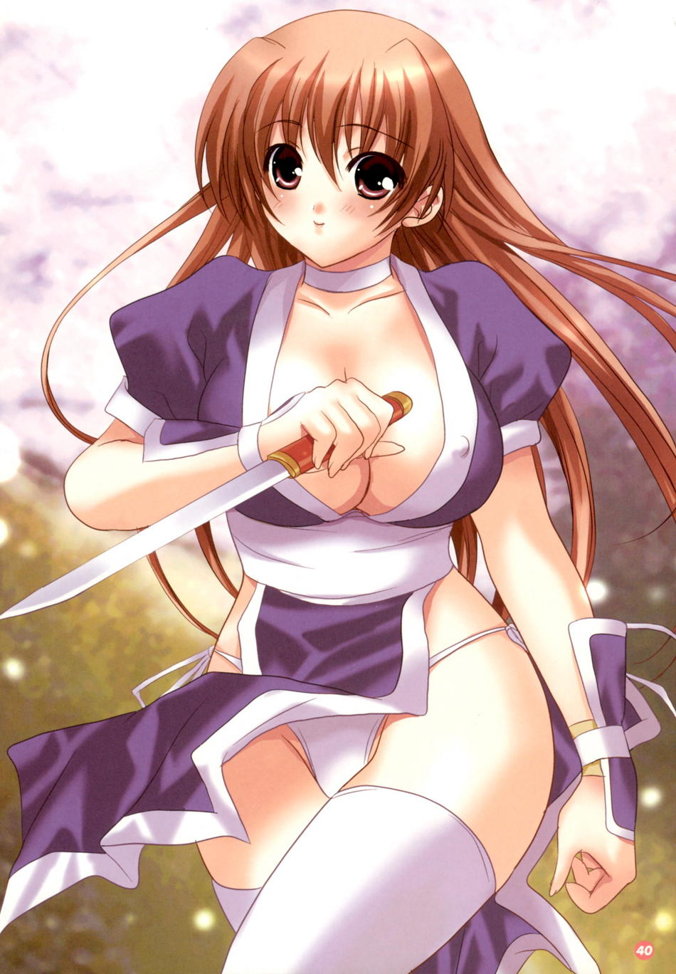 artist_request blush breasts brown_hair cleavage covered_nipples dead_or_alive highres kasumi_(doa) knife large_breasts legs long_hair panties pelvic_curtain red_eyes solo thighhighs thighs underwear white_legwear