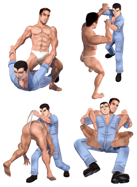abe_takakazu billy_herrington kuso_miso_technique multiple_boys panties panty_pull underwear wrestling yaranaika