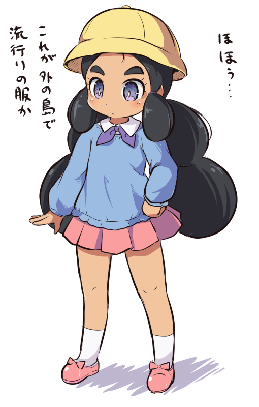 1girl black_hair blue_sweater blush closed_mouth collared_shirt cosplay creatures_(company) full_body game_freak hapu'u_(pokemon) hat kindergarten_uniform long_hair low_twintails nekono_rin nintendo pink_footwear pink_skirt pleated_skirt pokemon pokemon_(game) pokemon_sm preschooler_(pokemon) preschooler_(pokemon)_(cosplay) purple_eyes school_hat shadow shirt shoes skirt sleeves_past_wrists socks solo standing sweater thick_eyebrows translation_request twintails very_long_hair white_background white_legwear white_shirt yellow_hat