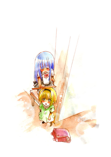 artist_request bag blonde_hair blue_hair blush closed_eyes dress furude_rika higurashi_no_naku_koro_ni houjou_satoko long_hair measuring multiple_girls ruler short_hair yellow_eyes