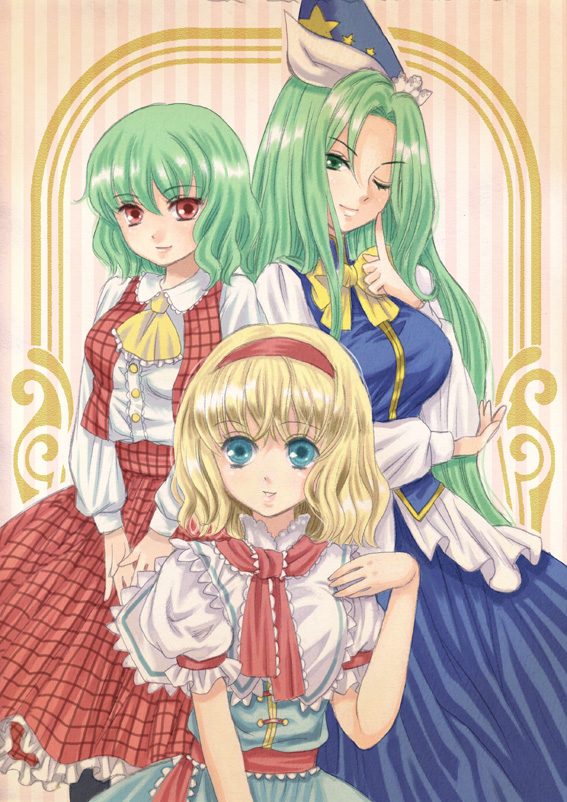 alice_margatroid ascot bad_id bad_pixiv_id blonde_hair blue_eyes bow bowtie green_eyes green_hair hairband hanaki_misa hat kazami_yuuka long_hair mima multiple_girls one_eye_closed plaid plaid_skirt plaid_vest red_eyes short_hair skirt skirt_set smile touhou touhou_(pc-98) vest wizard_hat