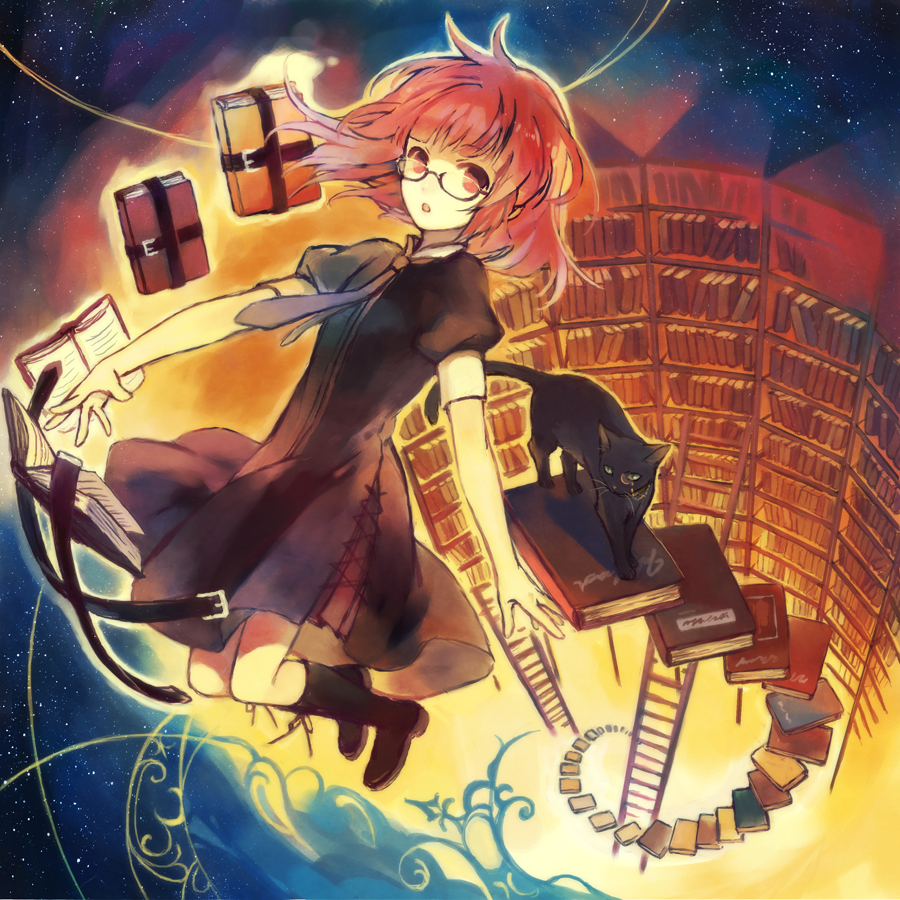 bad_id bad_pixiv_id book bookshelf cat dress floating glasses ladder library mg_(mica) monocle necktie night night_sky open_book open_mouth original red_eyes red_hair short_hair sky socks solo