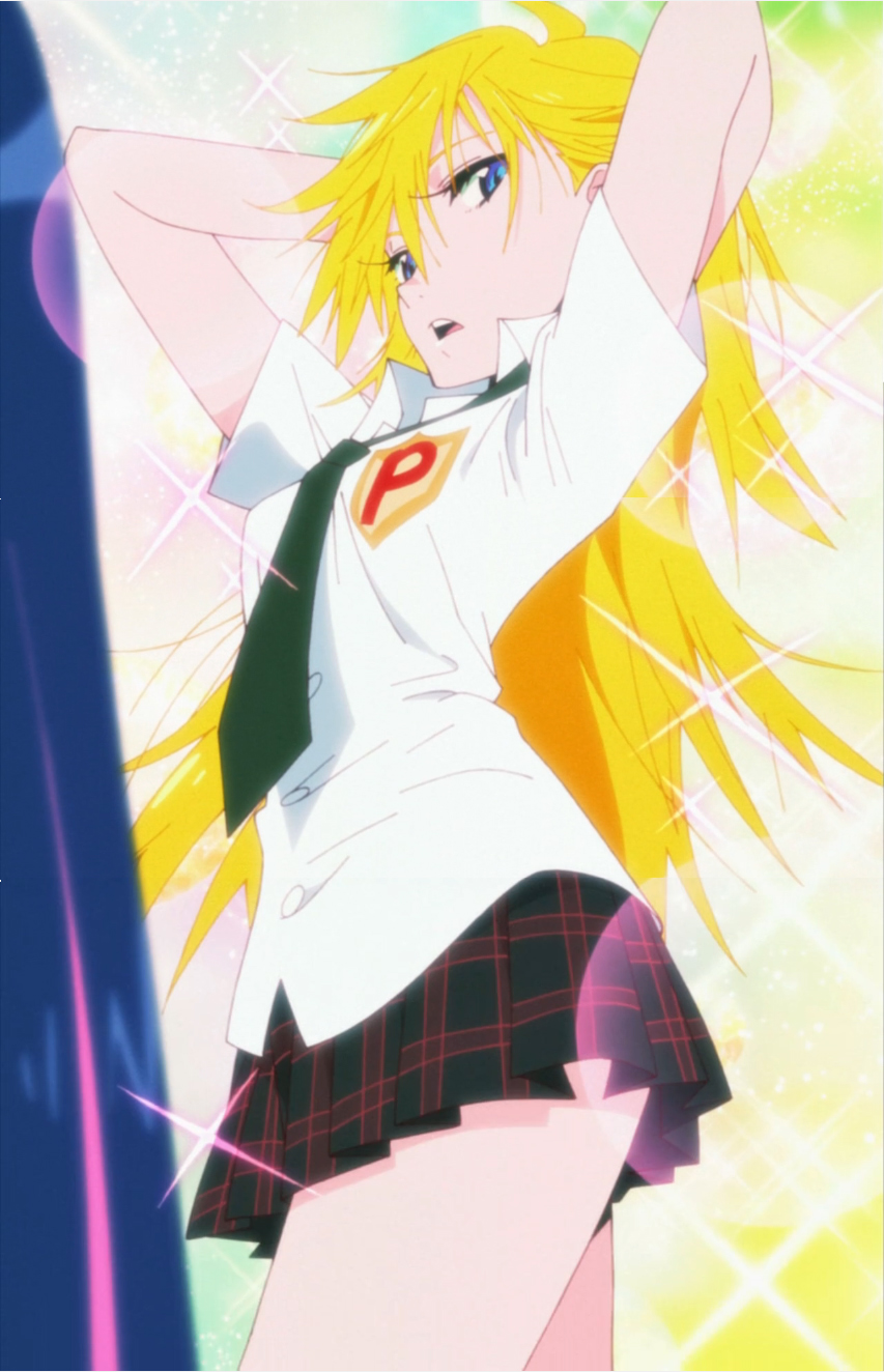 arms_up blonde_hair blue_eyes cosplay error highres long_hair miniskirt necktie open_mouth panty_&amp;_stocking_with_garterbelt panty_(psg) plaid plaid_skirt pleated_skirt school_uniform screencap skirt solo stitched third-party_edit