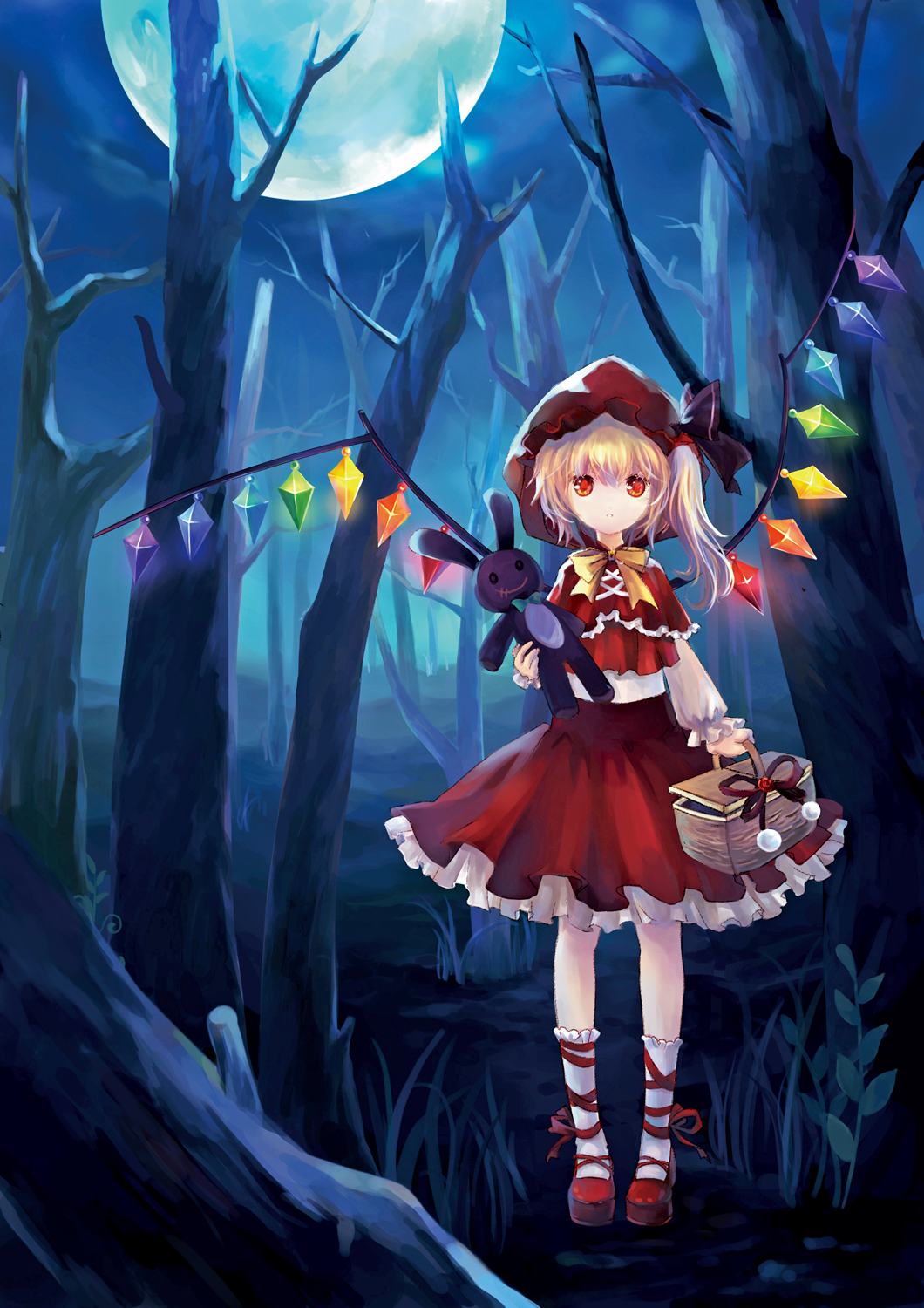 alternate_costume ankle_lace-up bare_tree basket blonde_hair bow bowtie capelet cross-laced_footwear dress flandre_scarlet forest full_moon grimm's_fairy_tales highres hood leg_ribbon little_red_riding_hood little_red_riding_hood_(grimm) moon nataku39 nature night parody picnic_basket red_eyes ribbon short_hair side_ponytail solo stuffed_animal stuffed_bunny stuffed_toy touhou tree wings