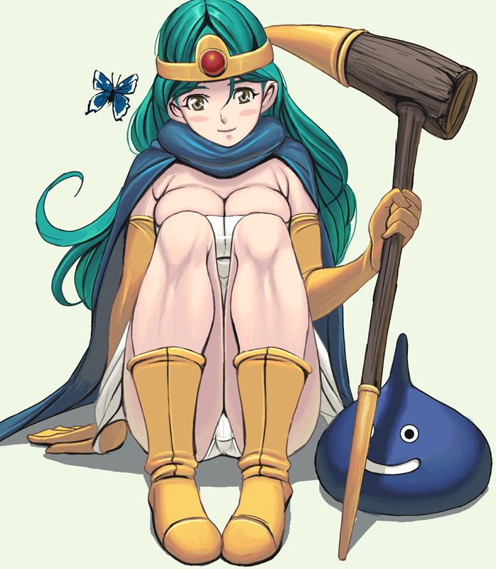 aqua_hair arm_support bad_id bad_pixiv_id black_eyes blob blue_skin blush_stickers breasts bug butterfly cape circlet cleavage dragon_quest dragon_quest_iii dress elbow_gloves flying gem gloves grin hair_between_eyes holding insect large_breasts light_smile long_hair looking_at_viewer masao monster o_o panties pantyshot pantyshot_(sitting) sage_(dq3) shadow short_dress silver_eyes simple_background sitting skirt slime_(dragon_quest) smile staff strapless strapless_dress tube_dress underwear upskirt white_panties white_skirt