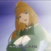 animated animated_gif blonde_hair blue_eyes bouncing_breasts breasts choujuushin_gravion cleavage cleavage_cutout closed_eyes huge_breasts long_hair lowres one_eye_closed ponytail screencap solo subtitled tachibana_mizuki