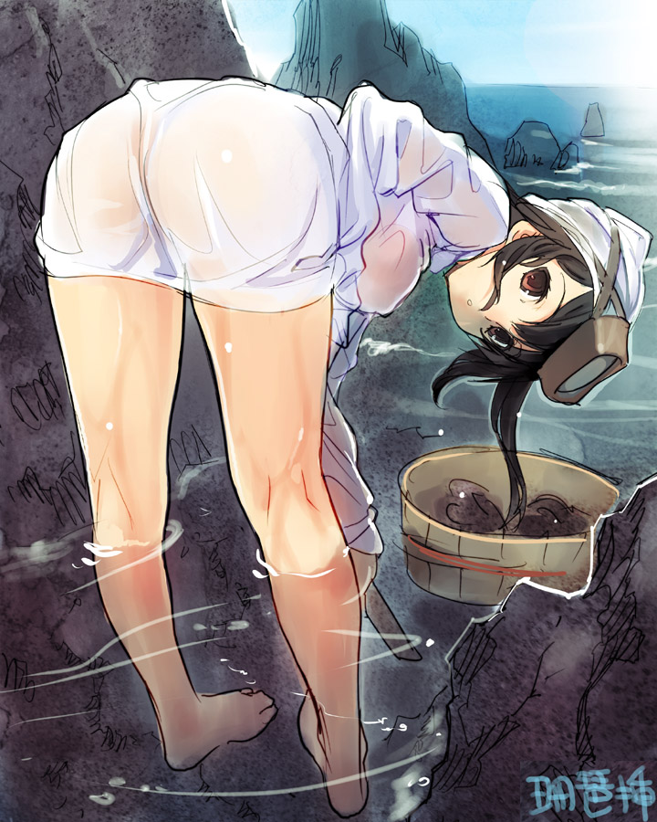 ass barefoot bent_over black_hair from_behind kneepits legs long_hair looking_at_viewer looking_back original sanbasou see-through snorkel solo translated water wet wet_clothes