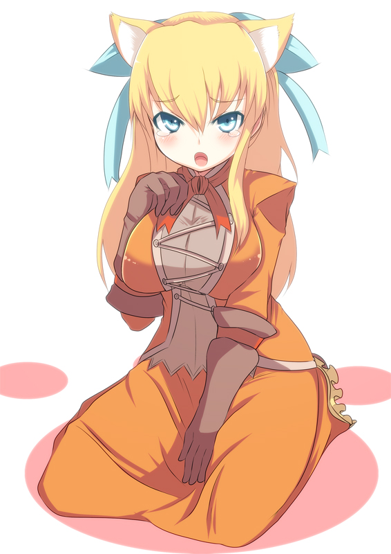 animal_ears bad_id bad_pixiv_id blonde_hair blue_eyes breast_squeeze breasts cat_ears dress gloves johnny_funamushi kemonomimi_mode kneeling large_breasts long_hair maya_schrodinger orange_dress solo white_background wild_arms wild_arms_3