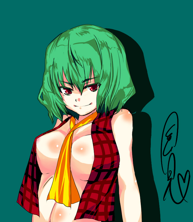 ascot bad_id bad_pixiv_id between_breasts breasts green_hair kazami_yuuka kuze large_breasts short_hair sideboob solo touhou