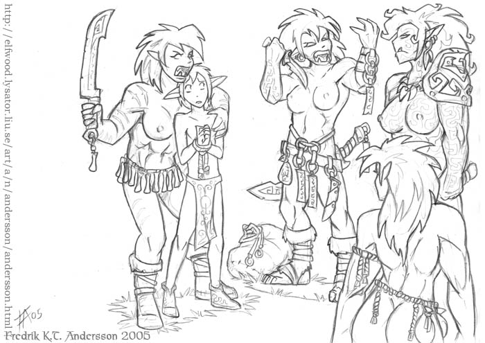 1boy 4girls breasts elf female knife male monochrome multiple_girls orc pointy_ears sword tattoo weapon you_gonna_get_raped