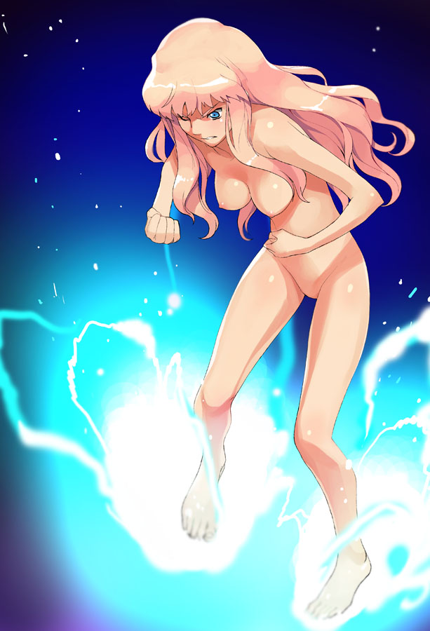 a1 angry aura barefoot blue_eyes breasts clenched_hands lightning long_hair macross macross_frontier medium_breasts nipples nude pink_hair sheryl_nome solo