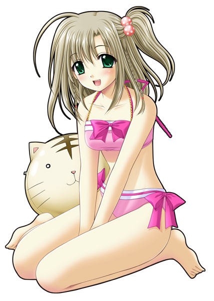 ball barefoot beachball bikini blonde_hair bow braid copyright_request fang green_eyes nishimata_aoi open_mouth pink_bow sitting solo swimsuit v_arms