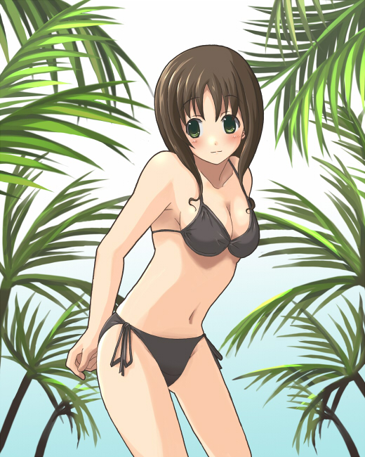 bare_arms bikini brown_hair green_eyes original side-tie_bikini solo swimsuit takeki_(nibelungen)