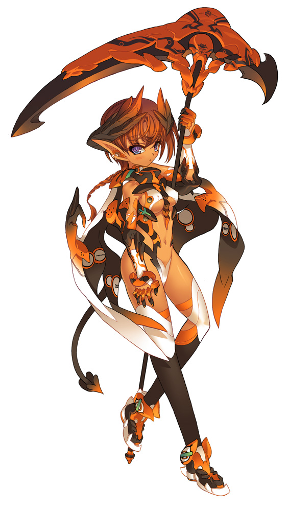 bad_id bad_pixiv_id blade_(galaxist) blue_eyes breasts covered_nipples demon_tail gloves horns navel orange_hair original pointy_ears red_hair scythe small_breasts solo tail