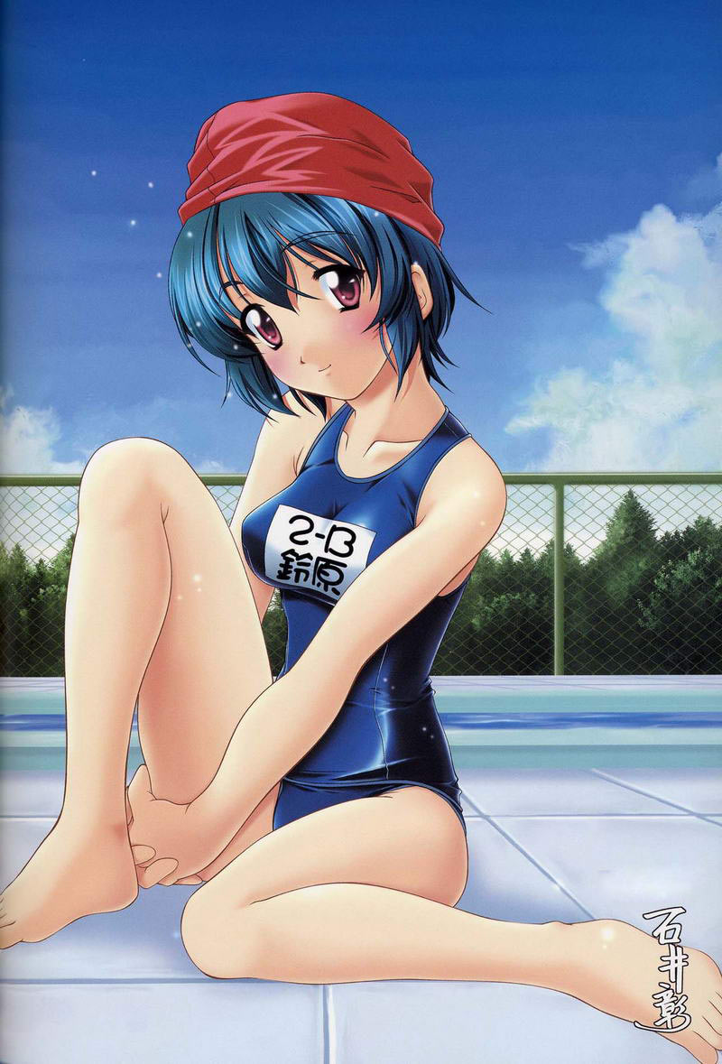bangs barefoot blue_hair blush chain-link_fence cloud day feet fence hair_between_eyes hands_clasped head_tilt ishii_akira leg_hug looking_at_viewer maple_colors name_tag one-piece_swimsuit outdoors own_hands_together pool poolside purple_eyes scan school_swimsuit shiny shiny_clothes short_hair signature sitting sky smile solo suzuhara_sora swim_cap swimsuit tile_floor tiles tree water