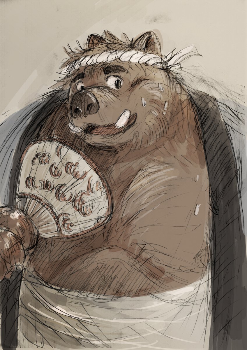 2019 anthro aotadobukitch belly boar clothing male mammal overweight overweight_male porcine robe simple_background solo sweat tusks