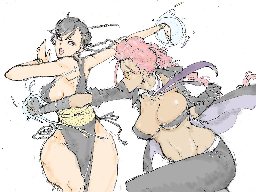 alternate_costume armpits battle braid breasts brown_eyes brown_hair china_dress chinese_clothes chun-li cleavage covered_nipples crimson_viper curvy double_bun dress duel earrings glasses gloves grey_eyes huge_breasts jewelry knees kyuraa_(kyura9een) large_breasts leather legs mature midriff multiple_girls muscle navel necktie pelvic_curtain pompadour red_hair sash short_hair sideboob silver_hair street_fighter street_fighter_iv_(series) wide_hips