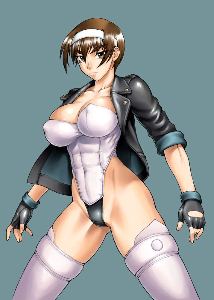 abs ass_visible_through_thighs bang-you bangs black_gloves black_jacket breasts brown_eyes brown_hair buttons cleavage closed_mouth collarbone cosplay covered_navel covered_nipples cowboy_shot eyebrows fingerless_gloves ghost_in_the_shell ghost_in_the_shell_stand_alone_complex gloves grey_background groin groin_tendon hair_between_eyes hairband highleg highleg_leotard jacket kashiwagi_azusa kizuato kusanagi_motoko kusanagi_motoko_(cosplay) large_breasts legs_apart leotard looking_at_viewer open_clothes open_jacket serious shiny shiny_skin short_hair simple_background skindentation solo standing strapless strapless_leotard thick_eyebrows thighhighs thighs toned white_legwear white_leotard