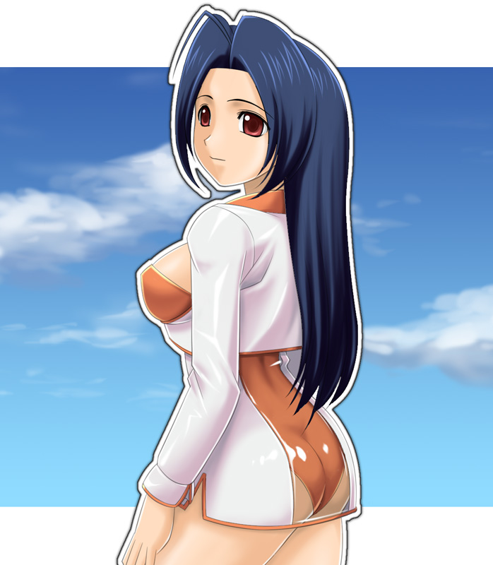 ahoge ass back blue_hair breasts cleavage cloud day idolmaster idolmaster_(classic) idolmaster_1 long_hair medium_breasts miura_azusa muhi11234 race_queen red_eyes see-through sky solo standing