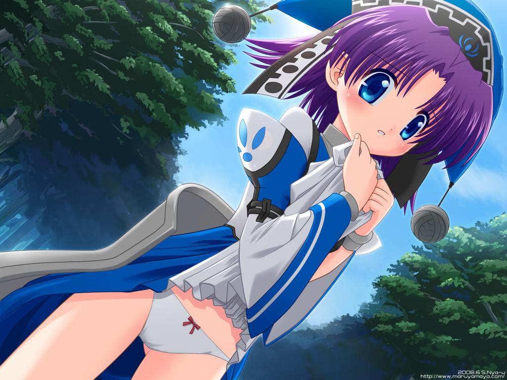 blue_eyes bow bow_panties day dutch_angle fomarl forest hat long_sleeves looking_at_viewer nature nya_maru outdoors panties phantasy_star phantasy_star_online puffy_sleeves purple_hair short_hair skirt skirt_lift solo underwear white_panties wide_sleeves younger