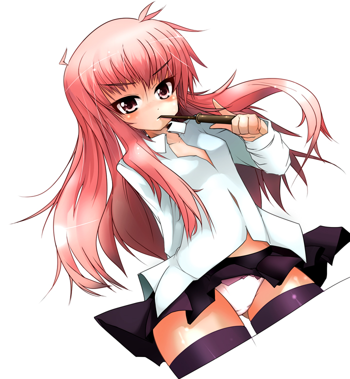 cropped_legs ippongui long_hair louise_francoise_le_blanc_de_la_valliere mouth_hold panties pink_eyes pink_hair shirt skirt solo thighhighs underwear wand white_panties white_shirt zero_no_tsukaima