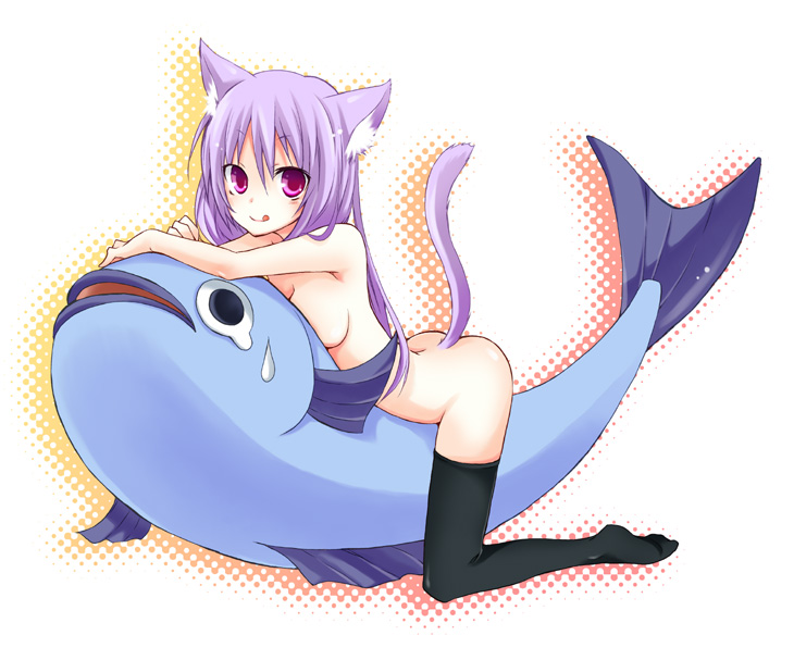 animal_ears breasts cat_ears fish kubyou_azami nude original purple_eyes purple_hair solo tail thighhighs