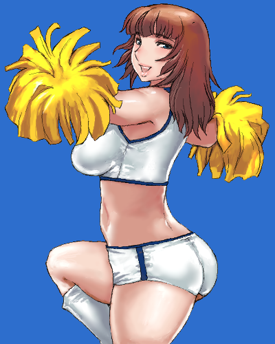 ass blue_background blue_eyes boots brown_hair cheerleader copyright_request lips long_hair lowres matoyama open_mouth pom_poms shorts solo