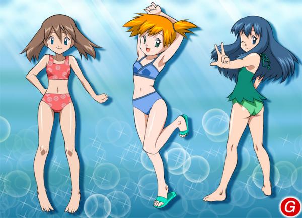 ass barefoot feet haruka_(pokemon) hikari_(pokemon) kasumi_(pokemon) pokemon sandals spread_toes swimsuit toe_spread toes