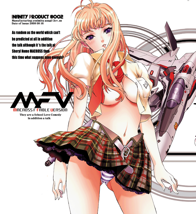 asagi_yoshimitsu blonde_hair breasts long_hair macross macross_frontier medium_breasts midriff navel open_clothes open_shirt panties purple_eyes sheryl_nome shirt solo striped striped_panties underwear