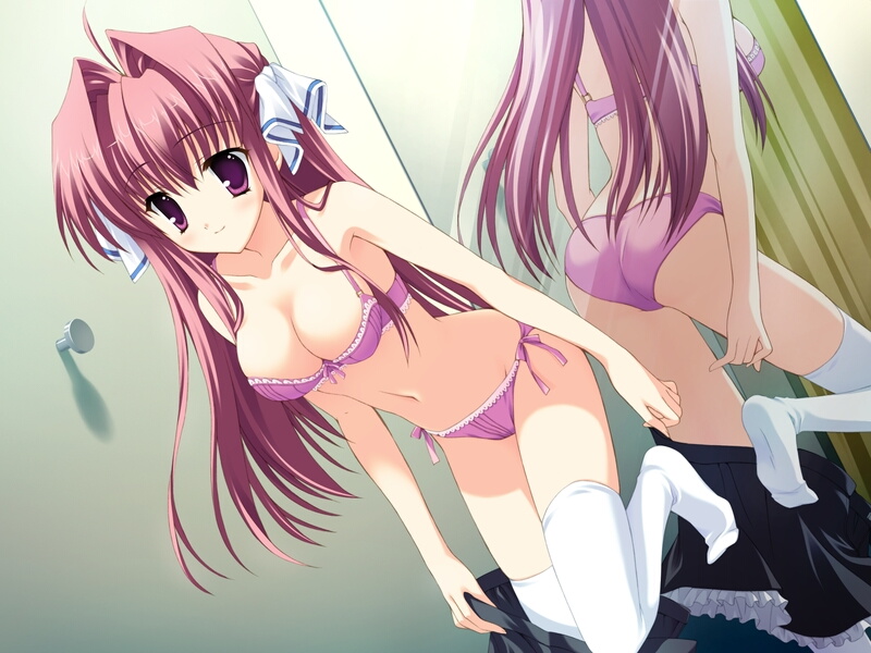 ass bow bow_bra bra breasts clear cleavage game_cg kneeling lingerie long_hair medium_breasts mirror mitha non-web_source panties pink_bra pink_eyes pink_hair pink_panties reflection side-tie_panties solo thighhighs tsukimura_miki underwear underwear_only undressing