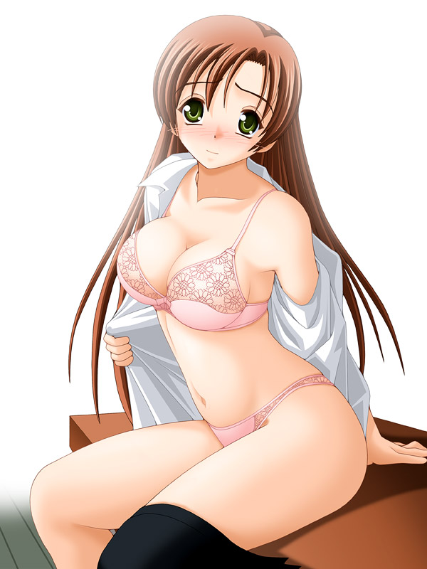 blush bra breasts brown_hair cleavage code_geass green_eyes keito large_breasts lingerie long_hair midriff navel panties shirley_fenette sitting solo underwear undressing
