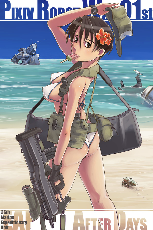 arm_up ass beach bikini bird black_gloves black_hair breasts brown_eyes covered_nipples crab dark_skin day fingerless_gloves flower food from_side gloves gun hair_flower hair_ornament hat hat_removed headwear_removed hibiscus holding holding_hat kuroyagi large_breasts legs_apart looking_at_viewer military mouth_hold ocean original outdoors popsicle short_hair single_glove solo swimsuit watch watermelon_bar weapon white_bikini wristwatch