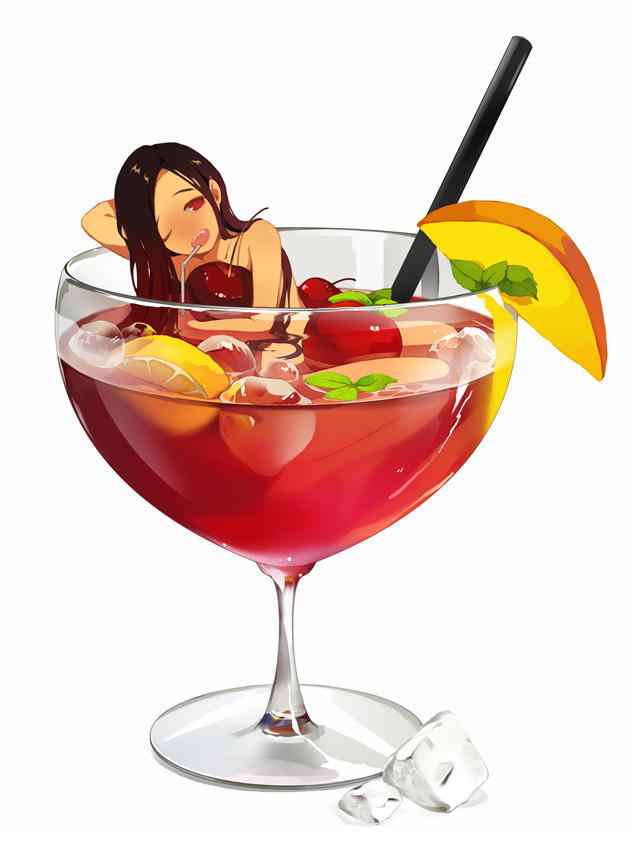 cherry cup drink drinking_straw face food fruit in_container in_cup in_food lemon long_hair mango minigirl mint nude one_eye_closed original red_eyes solo tako_ashin