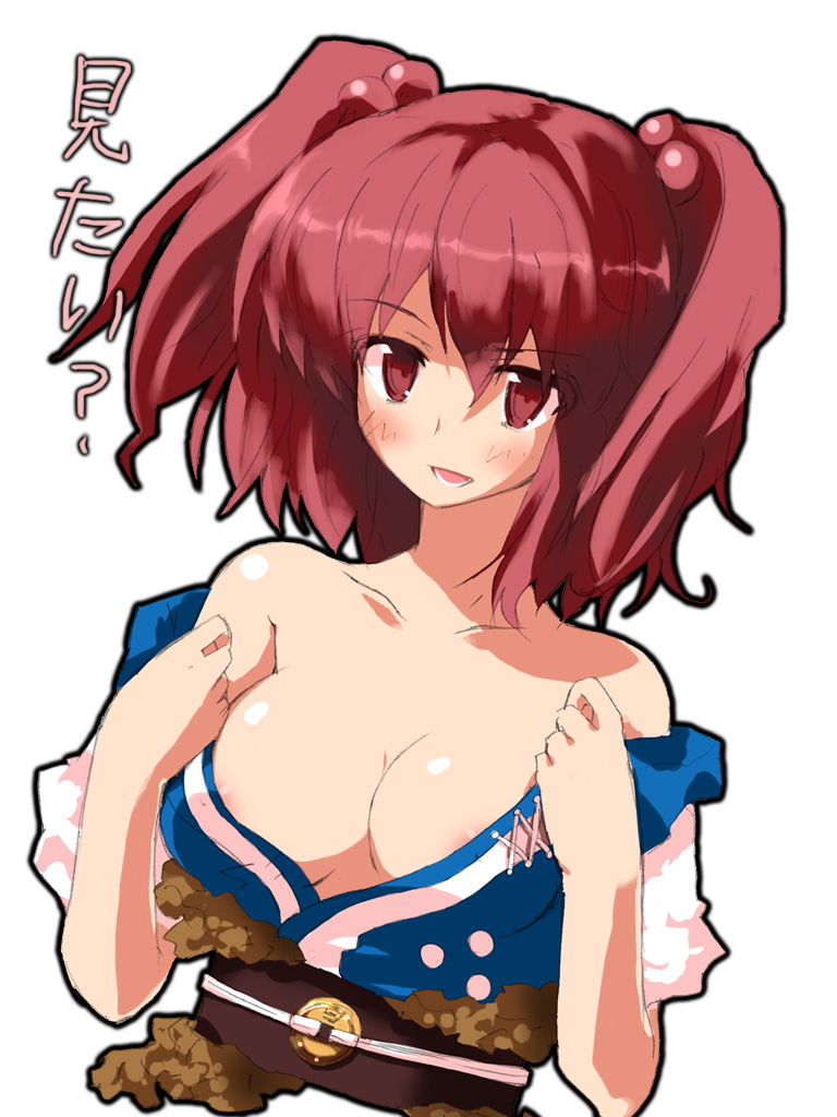 areolae bare_shoulders breasts h@ll medium_breasts onozuka_komachi open_clothes open_shirt red_hair shirt short_hair solo touhou translated