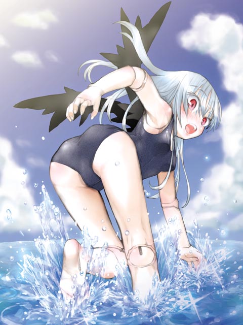ass barefoot bent_over doll_joints from_behind kakashichi kneepits one-piece_swimsuit rozen_maiden school_swimsuit solo suigintou swimsuit wading water