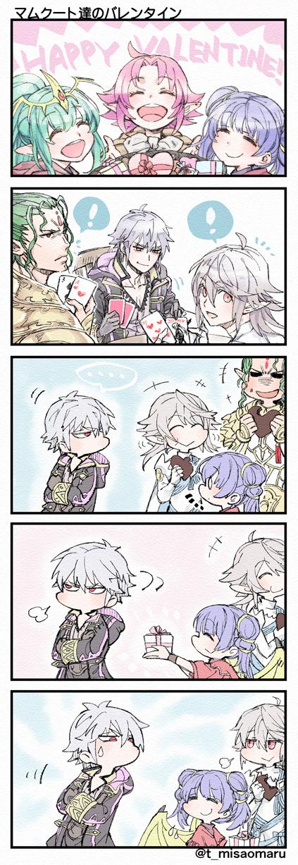 ! 3boys 3girls armor box card chiki chocolate chocolate_heart closed_mouth comic crossed_arms doma_(fire_emblem) dragon_wings eyes_closed fa fire_emblem fire_emblem:_fuuin_no_tsurugi fire_emblem:_kakusei fire_emblem:_monshou_no_nazo fire_emblem:_seima_no_kouseki fire_emblem_echoes:_mou_hitori_no_eiyuuou fire_emblem_heroes fire_emblem_if from_side gift gift_box gimurei green_hair happy_valentine heart highres hood hood_down long_hair long_sleeves male_my_unit_(fire_emblem:_kakusei) male_my_unit_(fire_emblem_if) mamkute multi-tied_hair multiple_boys multiple_girls my_unit_(fire_emblem:_kakusei) my_unit_(fire_emblem_if) myrrh nintendo open_mouth playing_card playing_games pointy_ears ponytail purple_hair red_eyes robe short_hair smile spoken_exclamation_mark t_misaomaru tiara twintails twitter_username white_hair wings