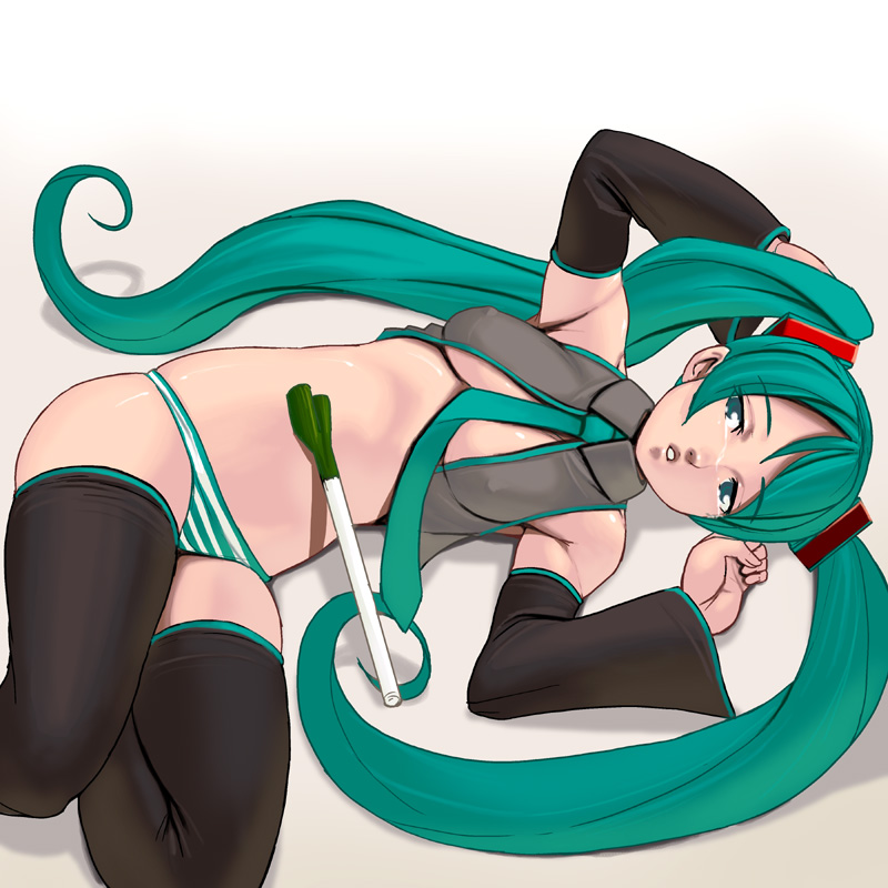 armpits bad_id bad_pixiv_id blue_eyes blue_hair breasts detached_sleeves hatsune_miku large_breasts long_hair lying masao necktie open_clothes open_shirt panties shirt sideboob solo spring_onion striped striped_panties tears thighhighs twintails underwear vocaloid