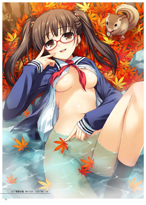 adjusting_eyewear areolae autumn autumn_leaves black_hair bottomless breasts brown_eyes brown_hair chipmunk convenient_censoring glasses groin hair_bobbles hair_ornament leaf long_hair lying medium_breasts no_bra open_clothes open_shirt original school_uniform see-through shirt socks solo squirrel tomose_shunsaku twintails underboob water wet wet_clothes