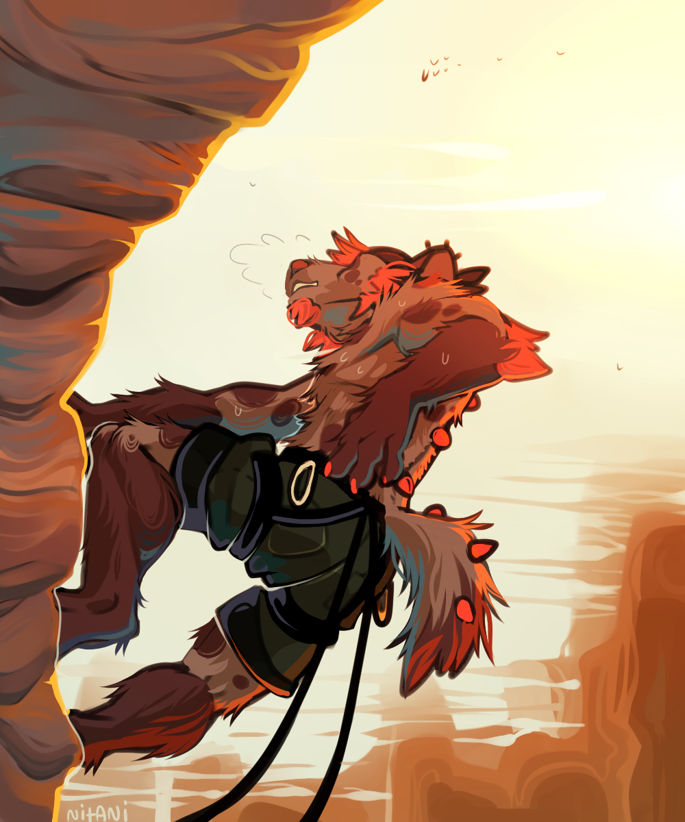 2019 anthro climbing clothed clothing day detailed_background digital_media_(artwork) hyaenid male mammal nitani outside rock_climbing sky solo spotted_hyena topless