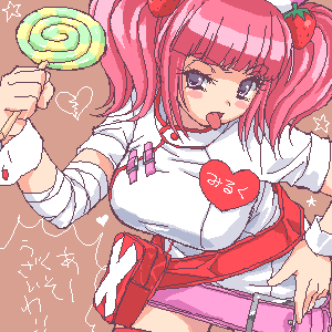 candy eyepatch food fruit lollipop lowres milk_(pop'n_music) milk_(pop'n_music) nurse pink_hair pop'n_music pop'n_music strawberry