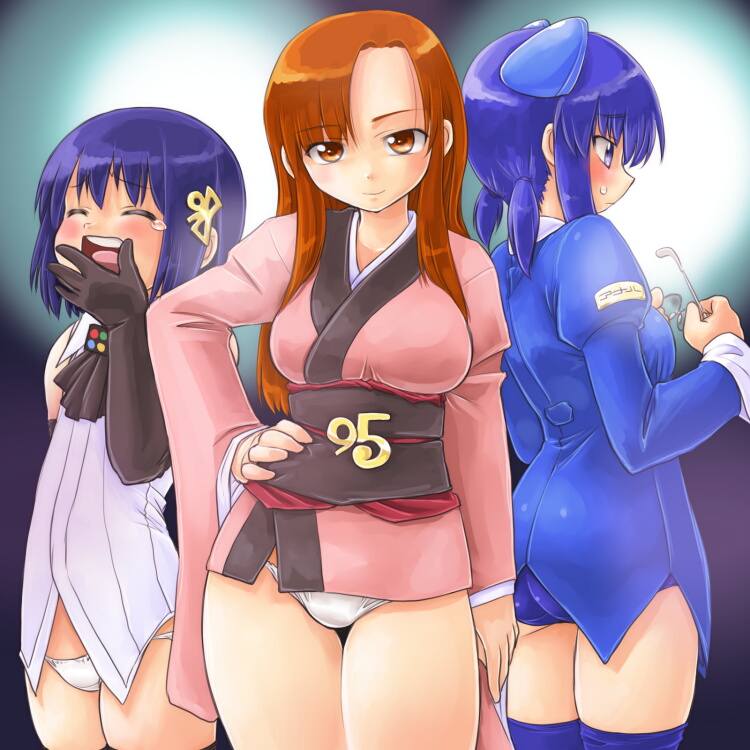 3girls 95-tan 98-tan blue_hair blue_panties blush brown_hair dd_(ijigendd) elbow_gloves glasses gloves japanese_clothes kimono long_hair lowleg lowleg_panties multiple_girls no_pants os-tan panties pink_kimono short_hair short_kimono short_yukata sleepy smile thighhighs translated underwear white_panties yukata