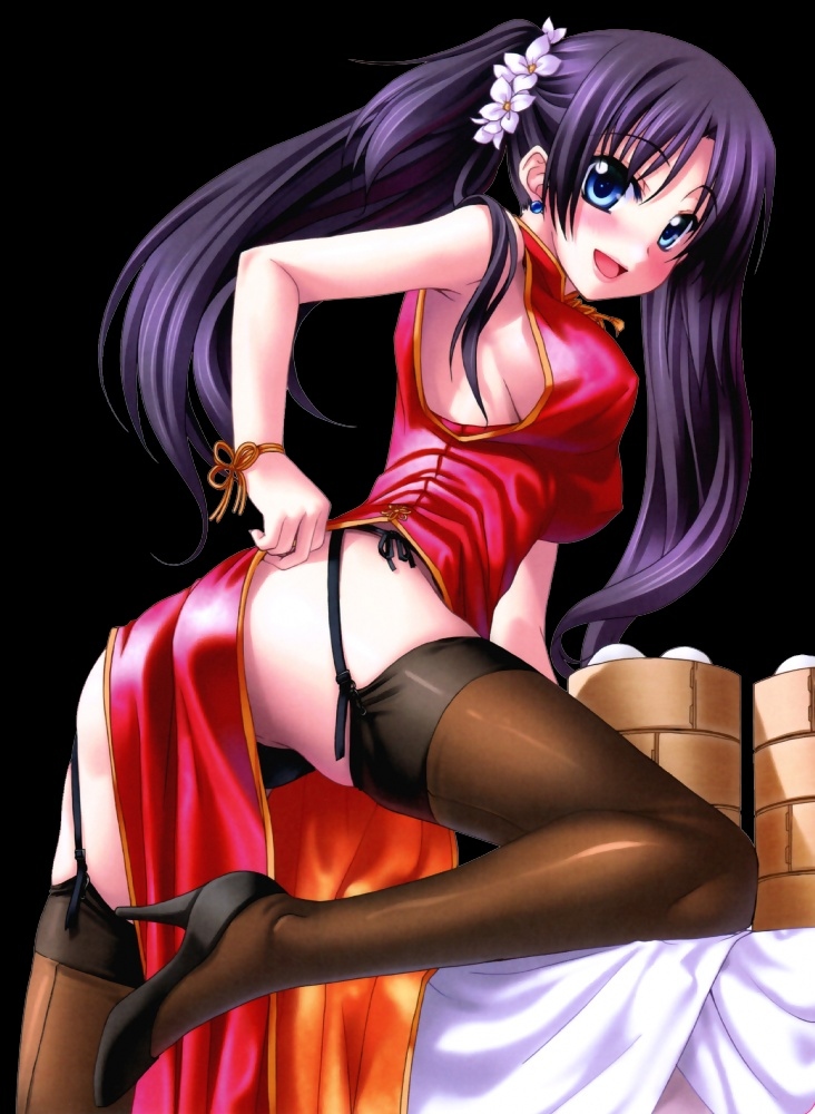 ass back-seamed_legwear bent_over blue_eyes blush breasts china_dress chinese_clothes copyright_request covered_nipples dress garter_belt high_heels kannatsuki_noboru large_breasts open_mouth purple_hair seamed_legwear shoes sideboob solo thighhighs twintails