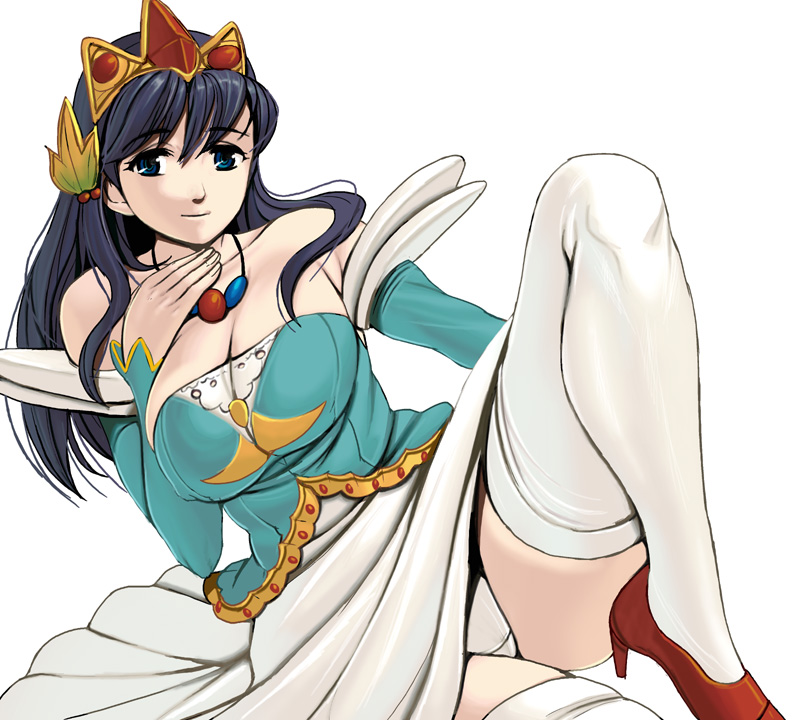 bad_id bad_pixiv_id bare_shoulders black_hair blue_eyes breasts cleavage crown detached_sleeves dress guinevere_(makaimura) hat jewelry large_breasts long_hair makaimura masao necklace panties pantyshot solo thighhighs underwear