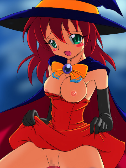 blush breasts censored hat magical_halloween pussy skirt skirt_lift takappe witch