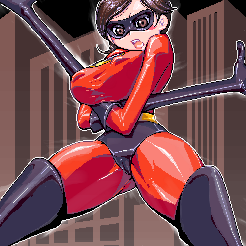 blush boots breast_hold breasts brown_hair cameltoe costume covered_nipples crossed_arms elastigirl flexible gloves helen_parr huge_breasts latex latex_gloves lowres mask matagitii oekaki short_hair solo stretched_limb superhero the_incredibles thigh_boots thighhighs