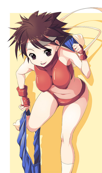 bad_id bad_pixiv_id bra breasts brown_hair buruma capcom hanging_breasts headband kasugano_sakura koflif large_breasts leaning_forward lingerie short_hair skirt solo sports_bra street_fighter underwear undressing